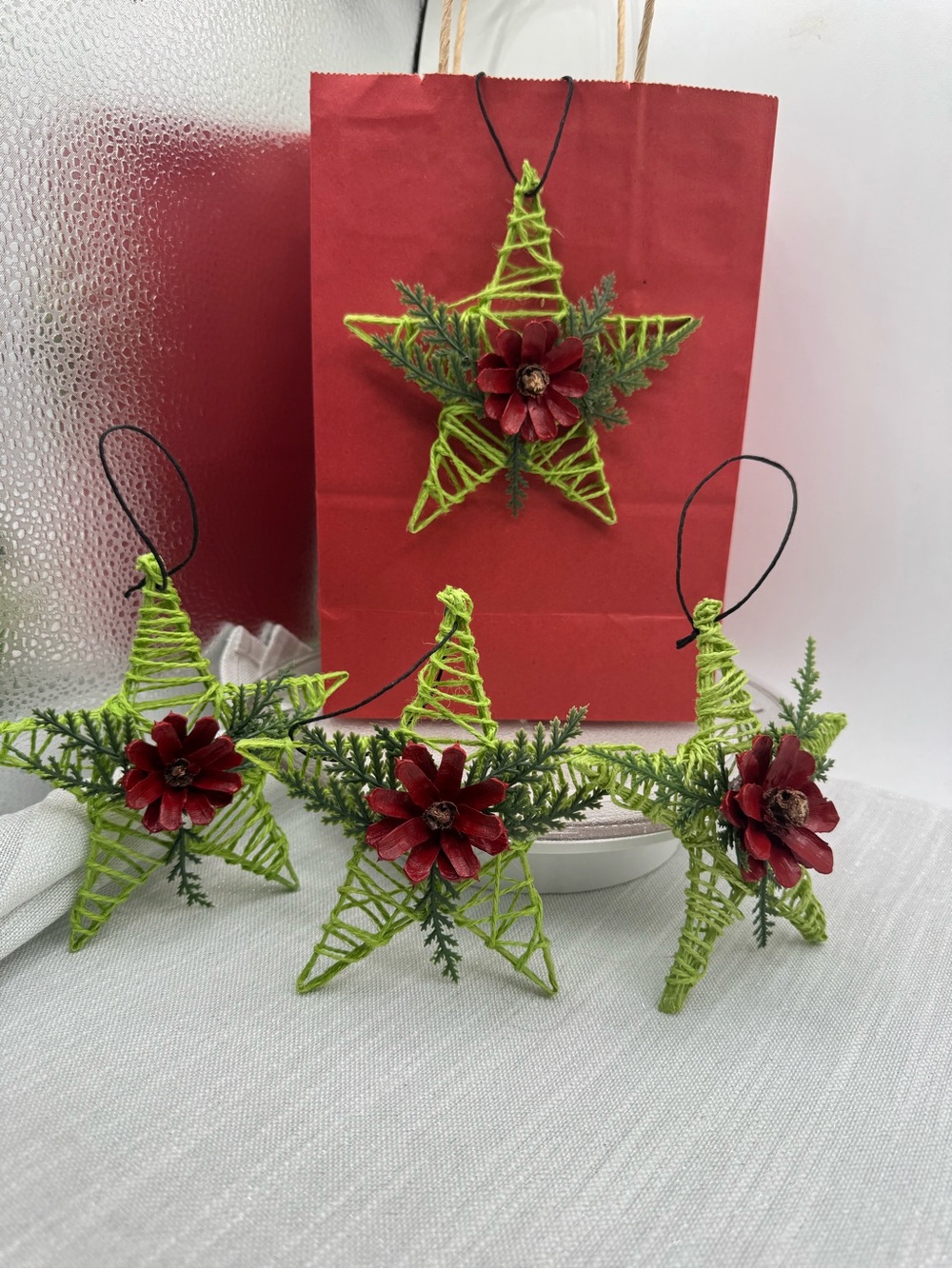 Christmas ornament star with pinecone hand, painted flower set of four 5.5x5”